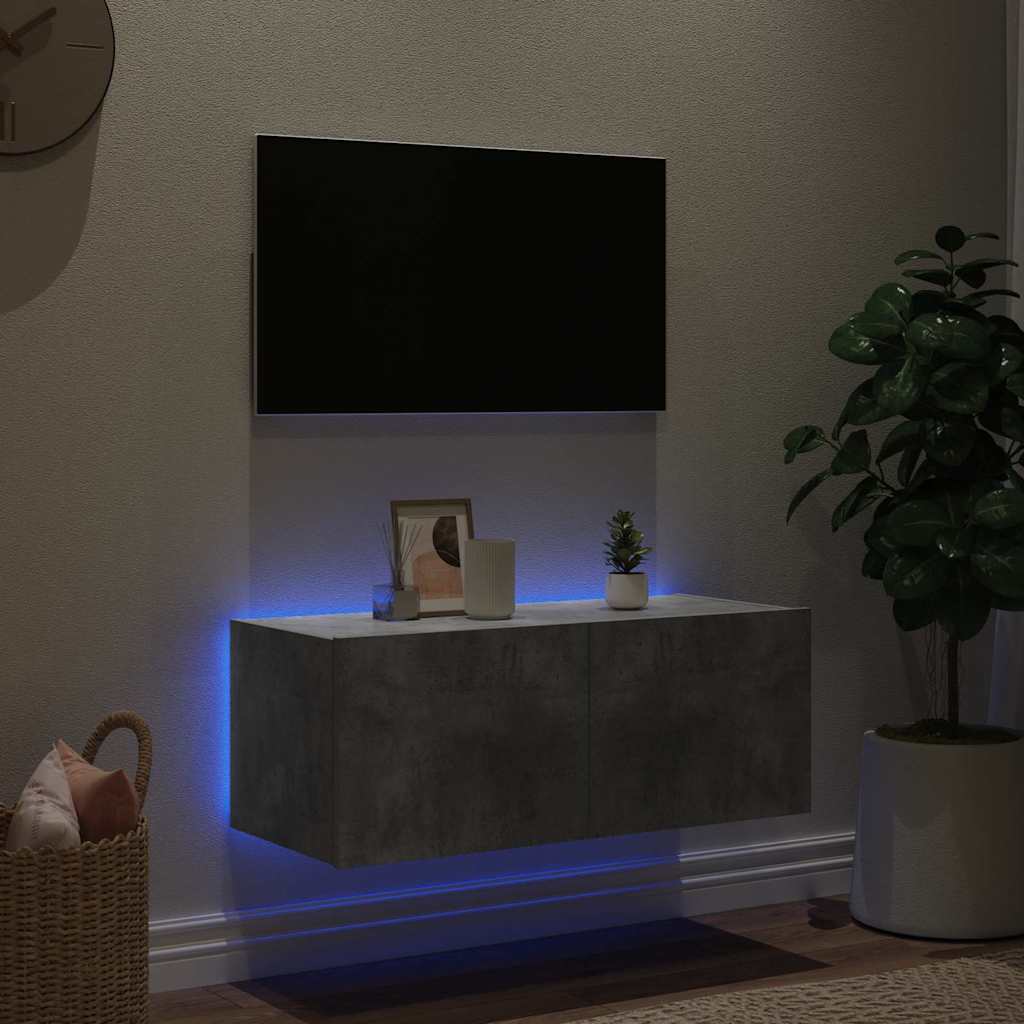 væghængt tv-bord med LED-lys 80x35x31 cm betongrå