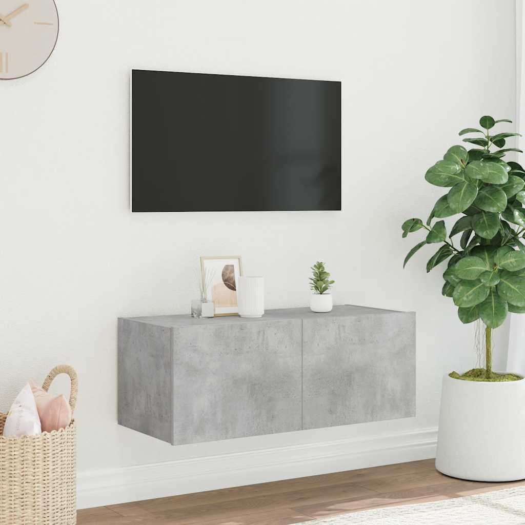 væghængt tv-bord med LED-lys 80x35x31 cm betongrå