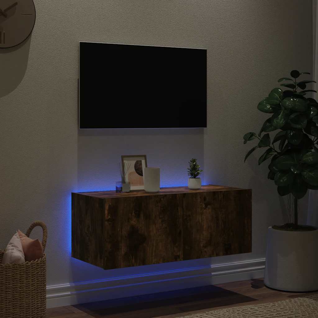 væghængt tv-bord med LED-lys 80x35x31 cm røget egetræsfarve