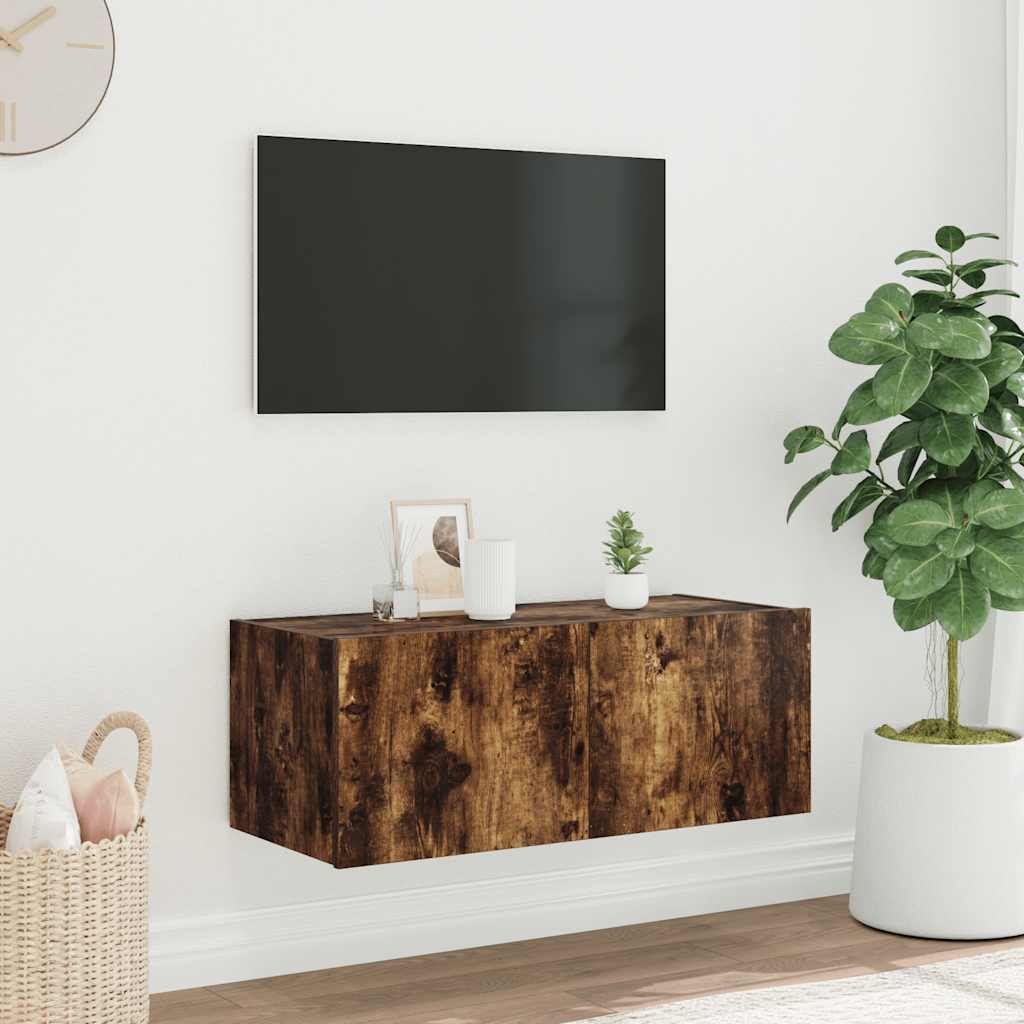 væghængt tv-bord med LED-lys 80x35x31 cm røget egetræsfarve