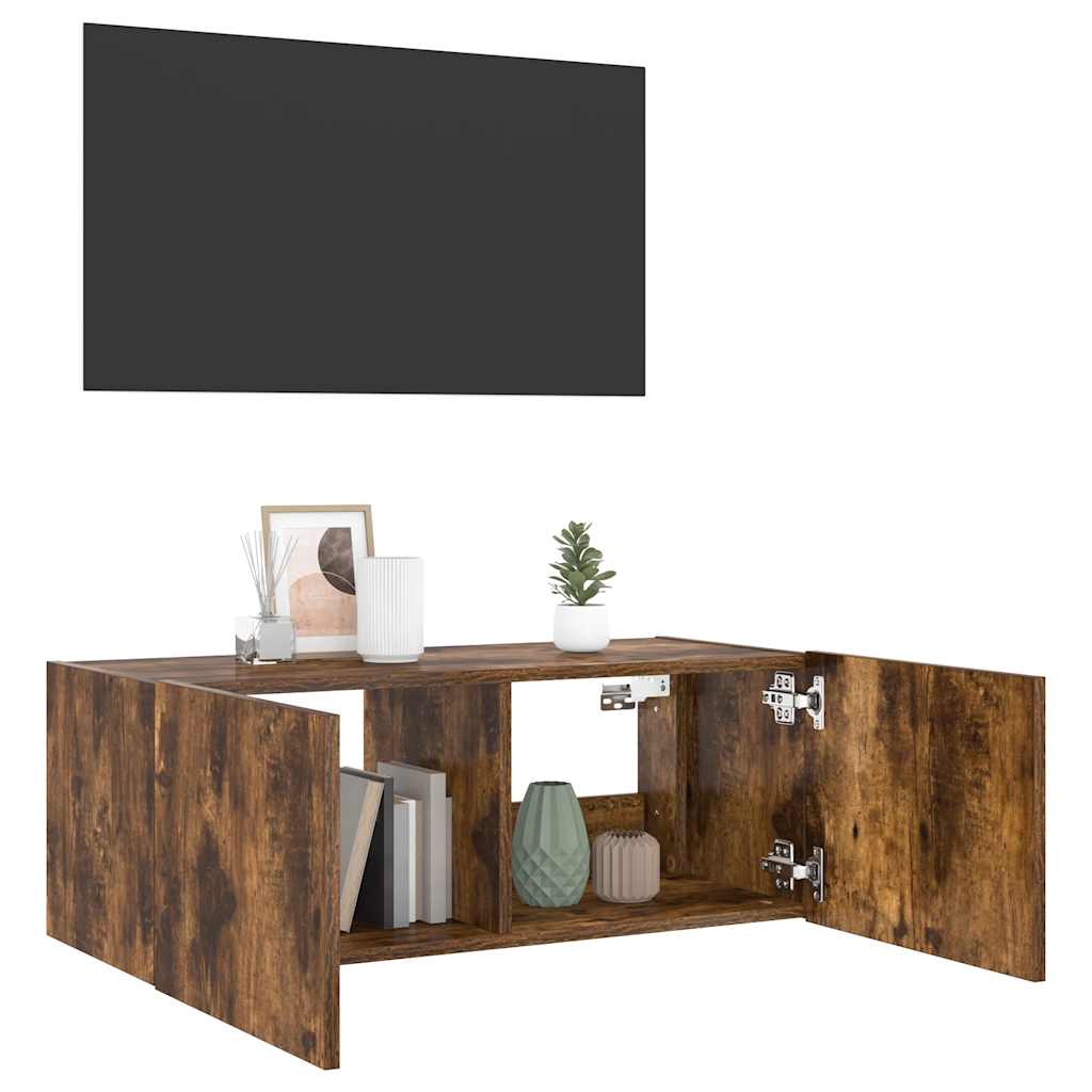 væghængt tv-bord med LED-lys 80x35x31 cm røget egetræsfarve
