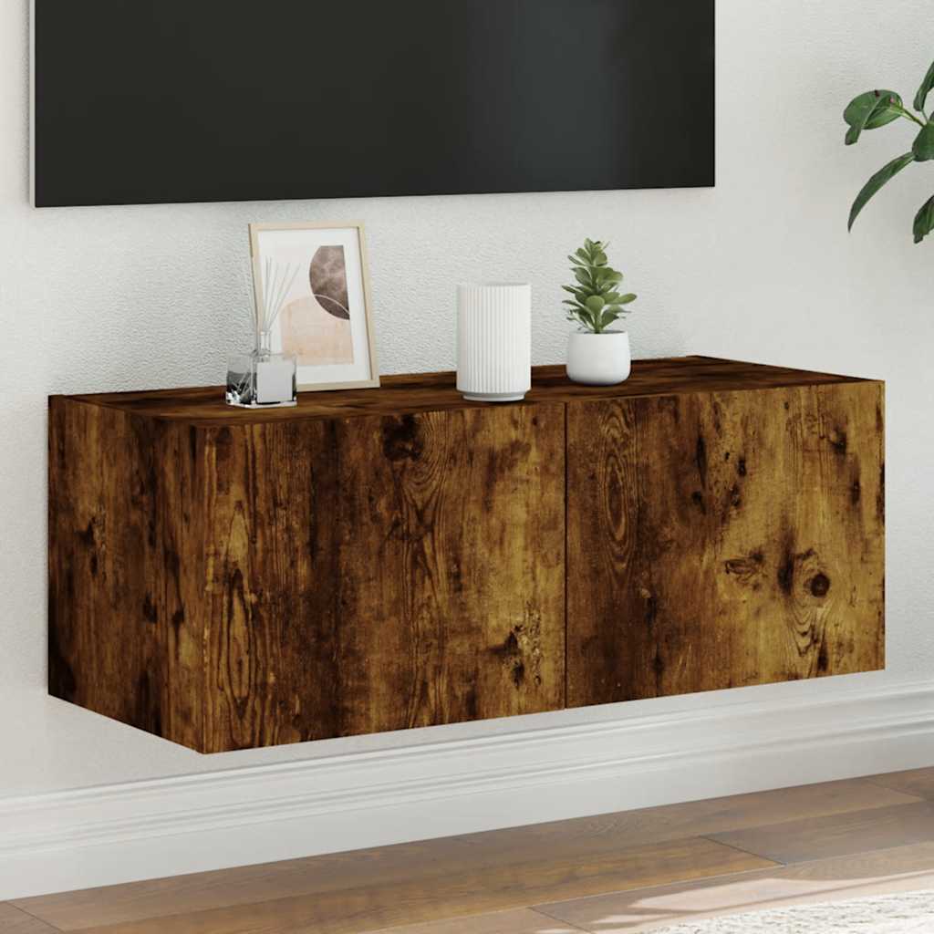 væghængt tv-bord med LED-lys 80x35x31 cm røget egetræsfarve