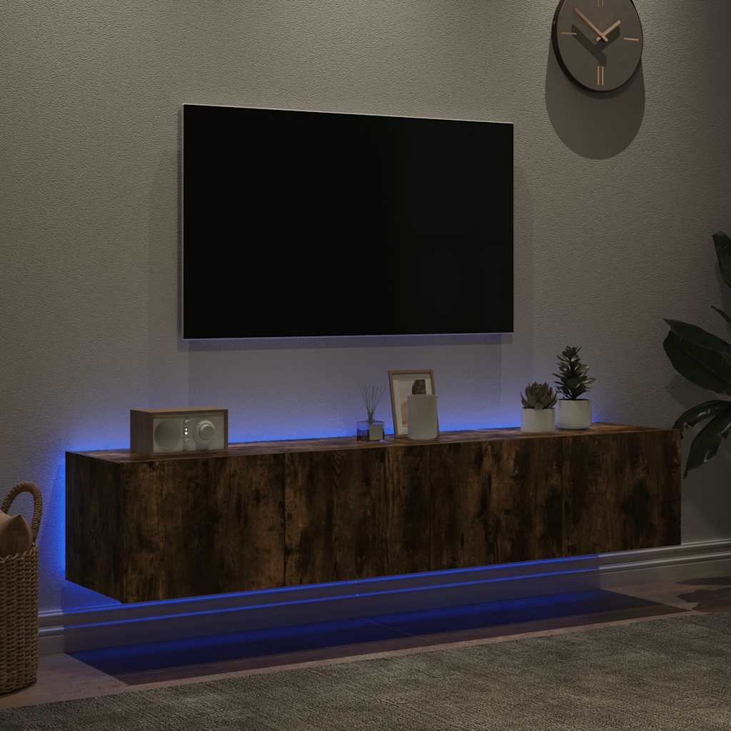 væghængte tv-borde 2 stk. med LED-lys 80x35x31 cm røget eg