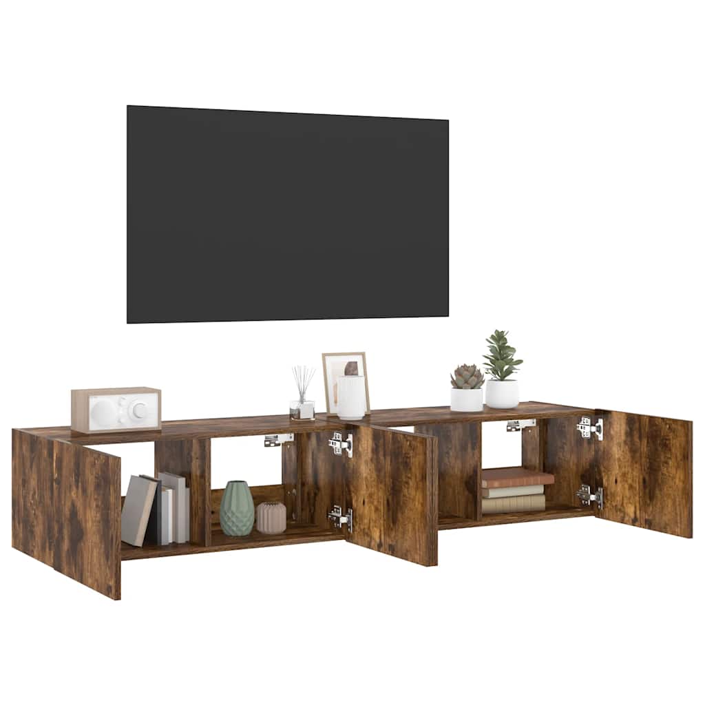 væghængte tv-borde 2 stk. med LED-lys 80x35x31 cm røget eg