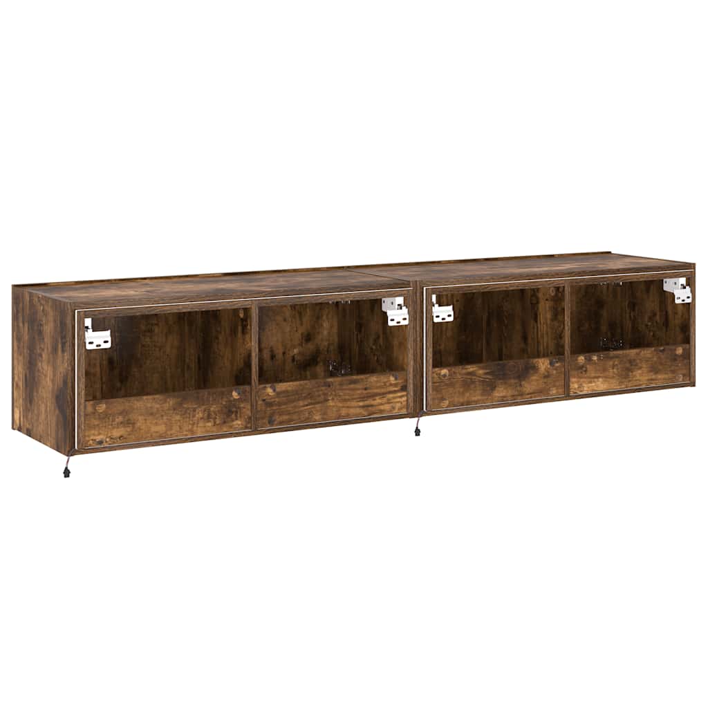 væghængte tv-borde 2 stk. med LED-lys 80x35x31 cm røget eg