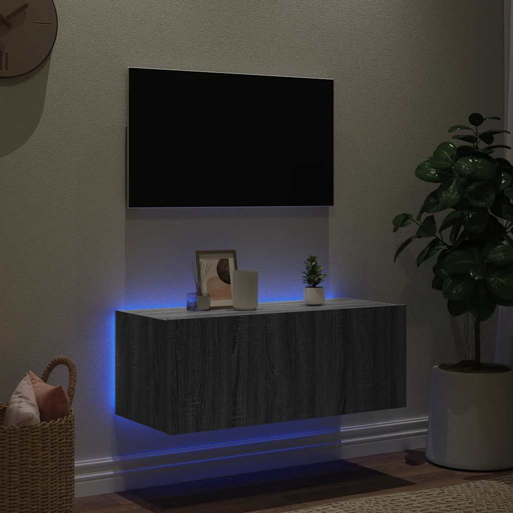 væghængt tv-bord m. LED-lys 80x35x31 cm grå sonoma-eg
