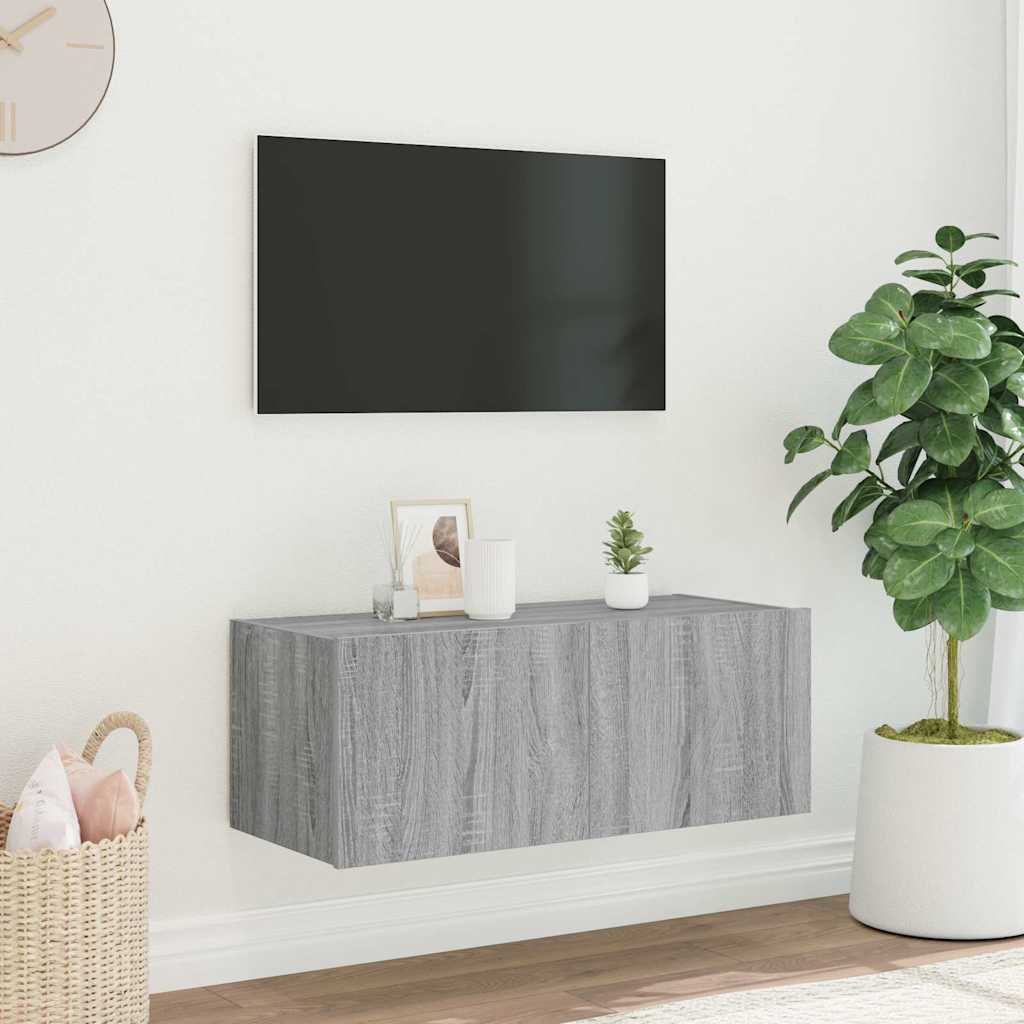 væghængt tv-bord m. LED-lys 80x35x31 cm grå sonoma-eg