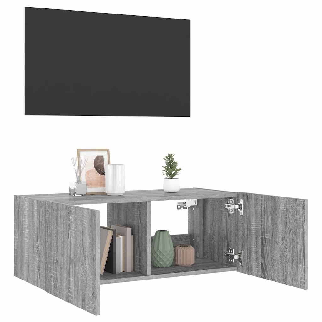væghængt tv-bord m. LED-lys 80x35x31 cm grå sonoma-eg