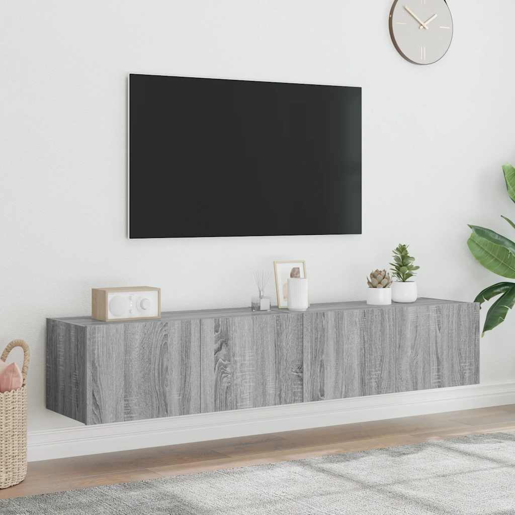 væghængte tv-borde 2 stk. med LED-lys 80x35x31 cm grå sonoma-eg
