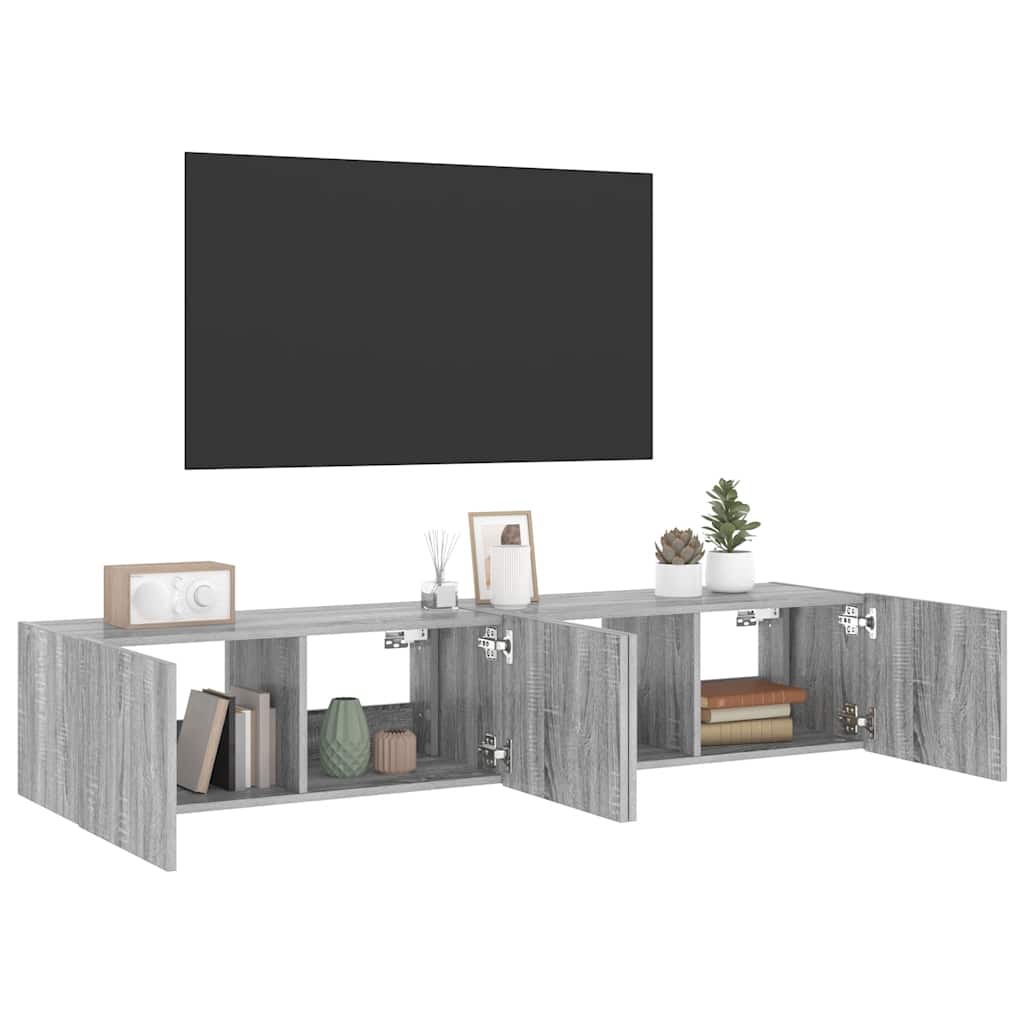 væghængte tv-borde 2 stk. med LED-lys 80x35x31 cm grå sonoma-eg