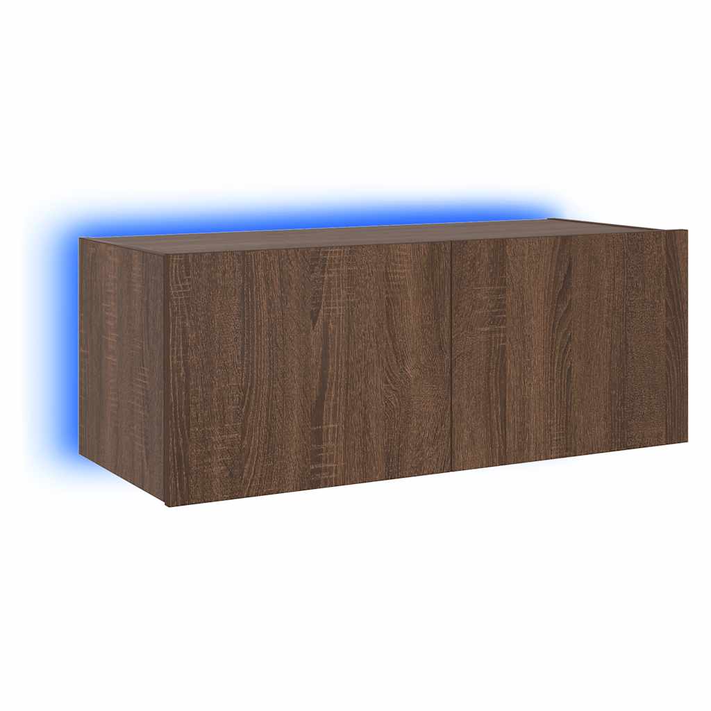 væghængt tv-bord med LED-lys 80x35x31 cm brun egetræsfarve