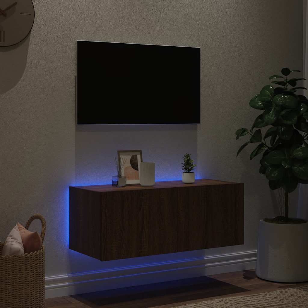 væghængt tv-bord med LED-lys 80x35x31 cm brun egetræsfarve