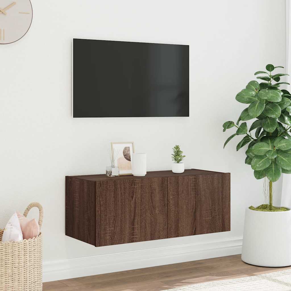 væghængt tv-bord med LED-lys 80x35x31 cm brun egetræsfarve