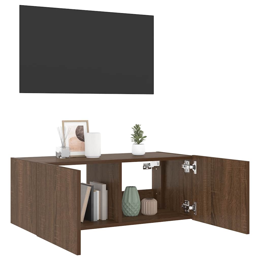 væghængt tv-bord med LED-lys 80x35x31 cm brun egetræsfarve
