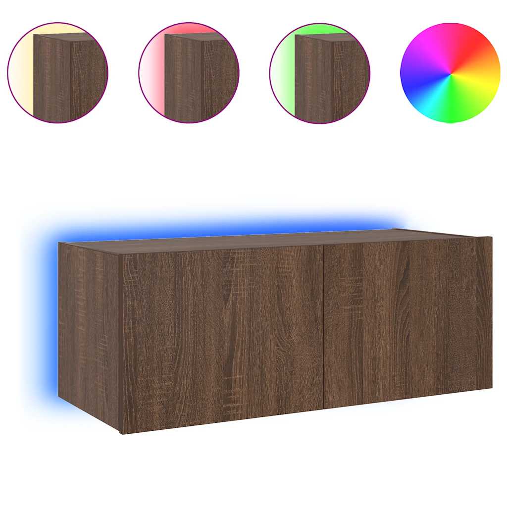 væghængt tv-bord med LED-lys 80x35x31 cm brun egetræsfarve