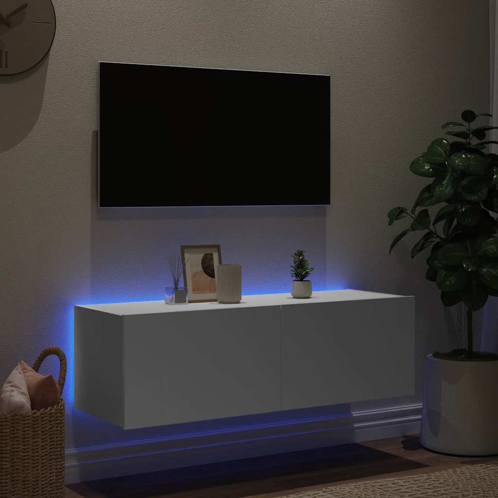 væghængt tv-bord med LED-lys 100x35x31 cm hvid