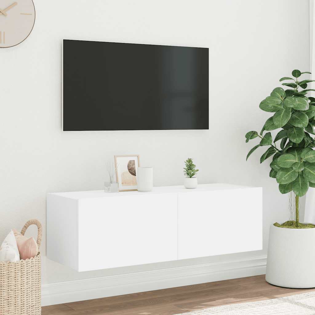 væghængt tv-bord med LED-lys 100x35x31 cm hvid