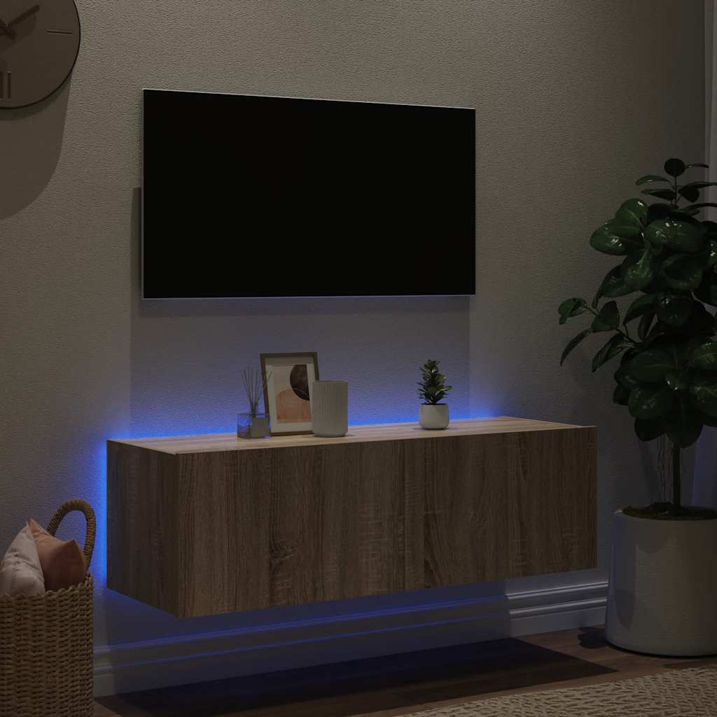 væghængt tv-bord med LED-lys 100x35x31 cmsonoma-eg