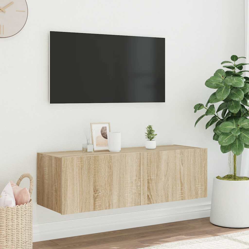 væghængt tv-bord med LED-lys 100x35x31 cmsonoma-eg
