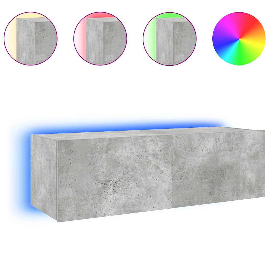 væghængt tv-bord med LED-lys 100x35x31 cm betongrå