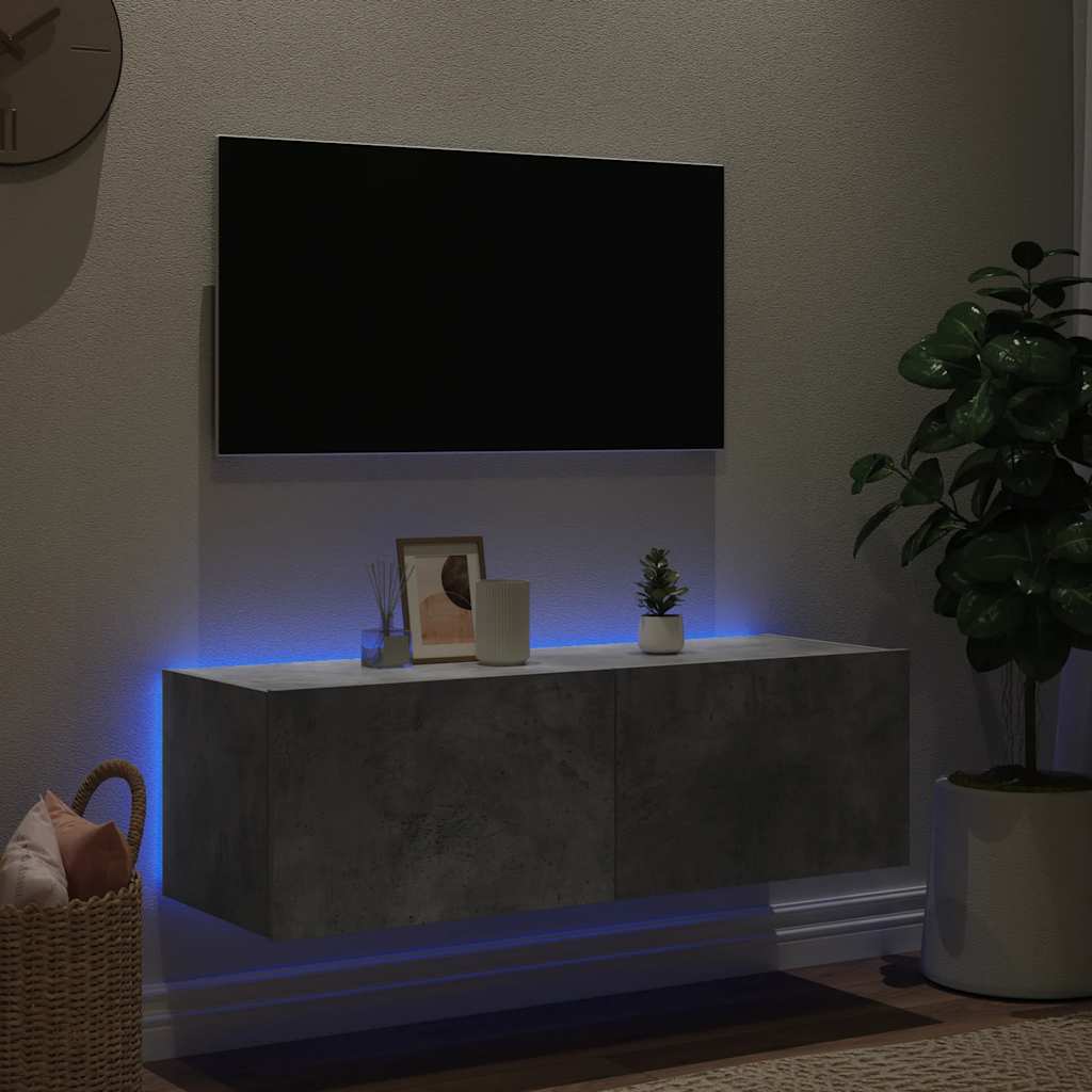 væghængt tv-bord med LED-lys 100x35x31 cm betongrå