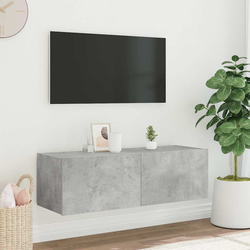 væghængt tv-bord med LED-lys 100x35x31 cm betongrå
