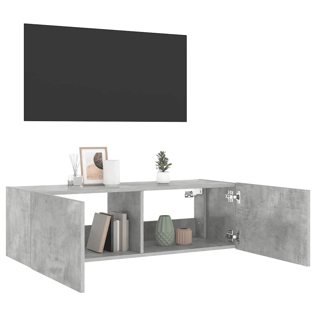 væghængt tv-bord med LED-lys 100x35x31 cm betongrå