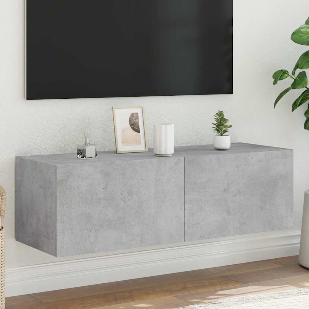 væghængt tv-bord med LED-lys 100x35x31 cm betongrå