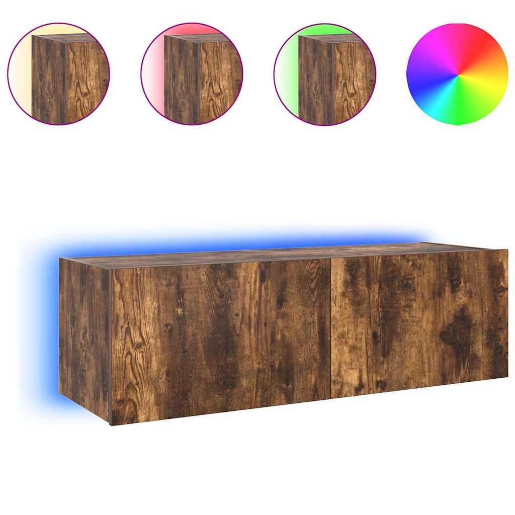 væghængt tv-bord med LED-lys 100x35x31 cm røget egetræsfarve