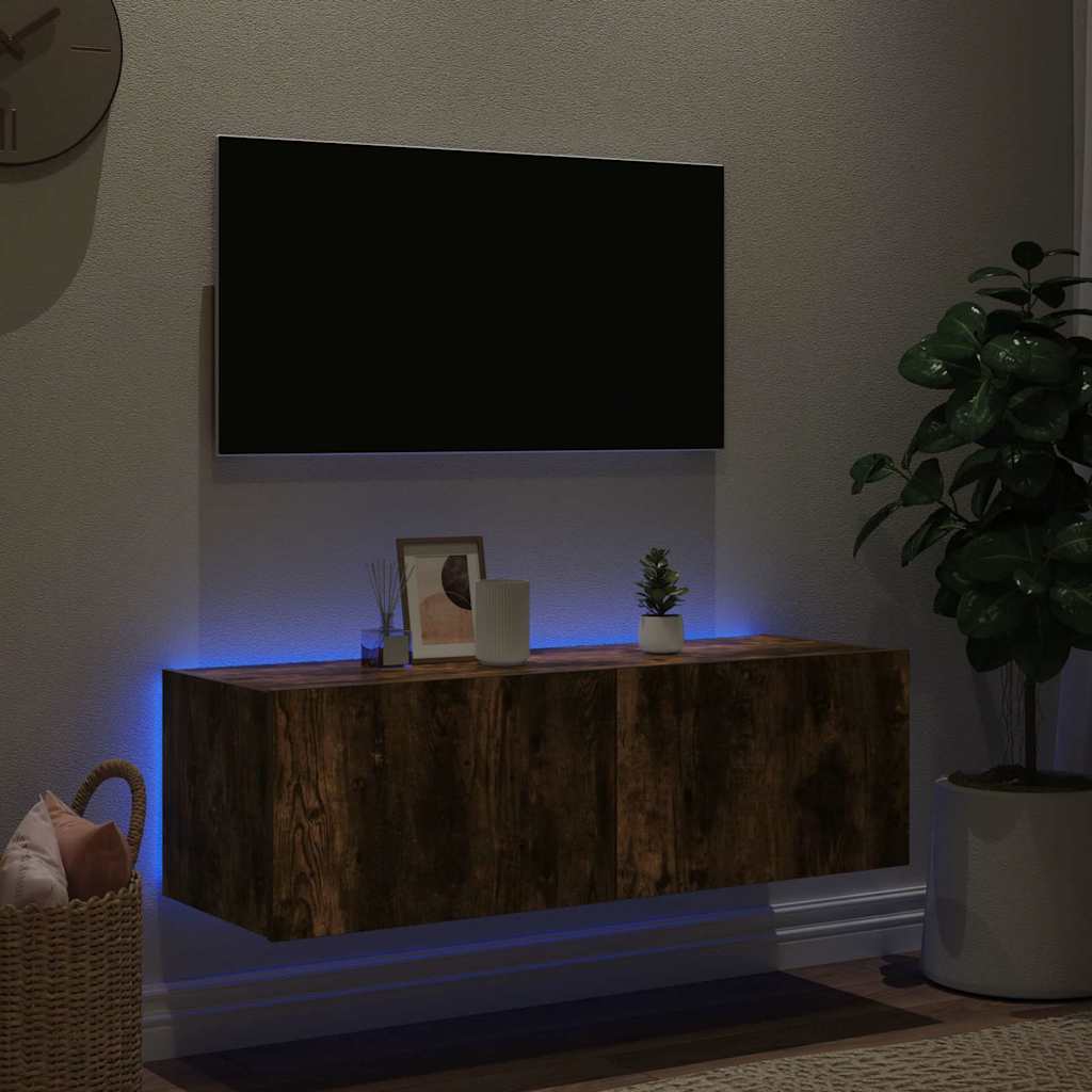 væghængt tv-bord med LED-lys 100x35x31 cm røget egetræsfarve