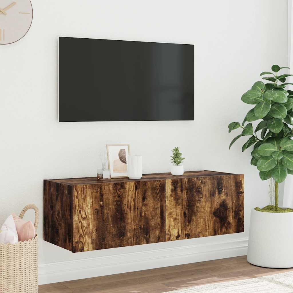 væghængt tv-bord med LED-lys 100x35x31 cm røget egetræsfarve