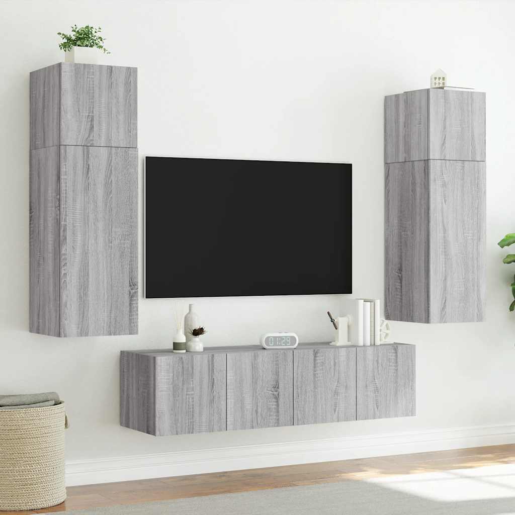 væghængte tv-borde 2 stk. med LED-lys 60x35x41 cm grå sonoma-eg