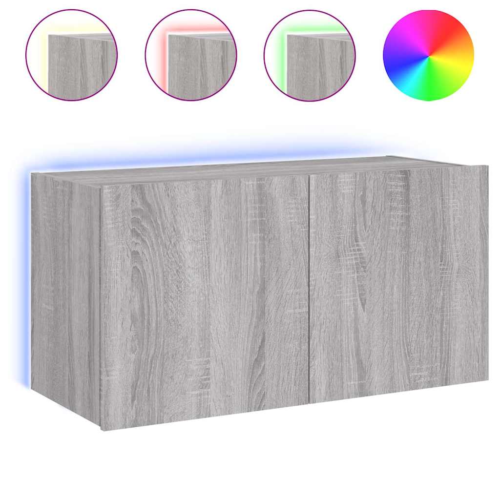 væghængt tv-bord m. LED-lys 80x35x41 cm grå sonoma-eg