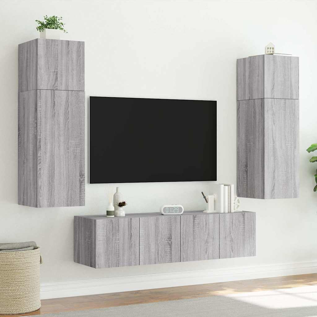 væghængt tv-bord m. LED-lys 80x35x41 cm grå sonoma-eg