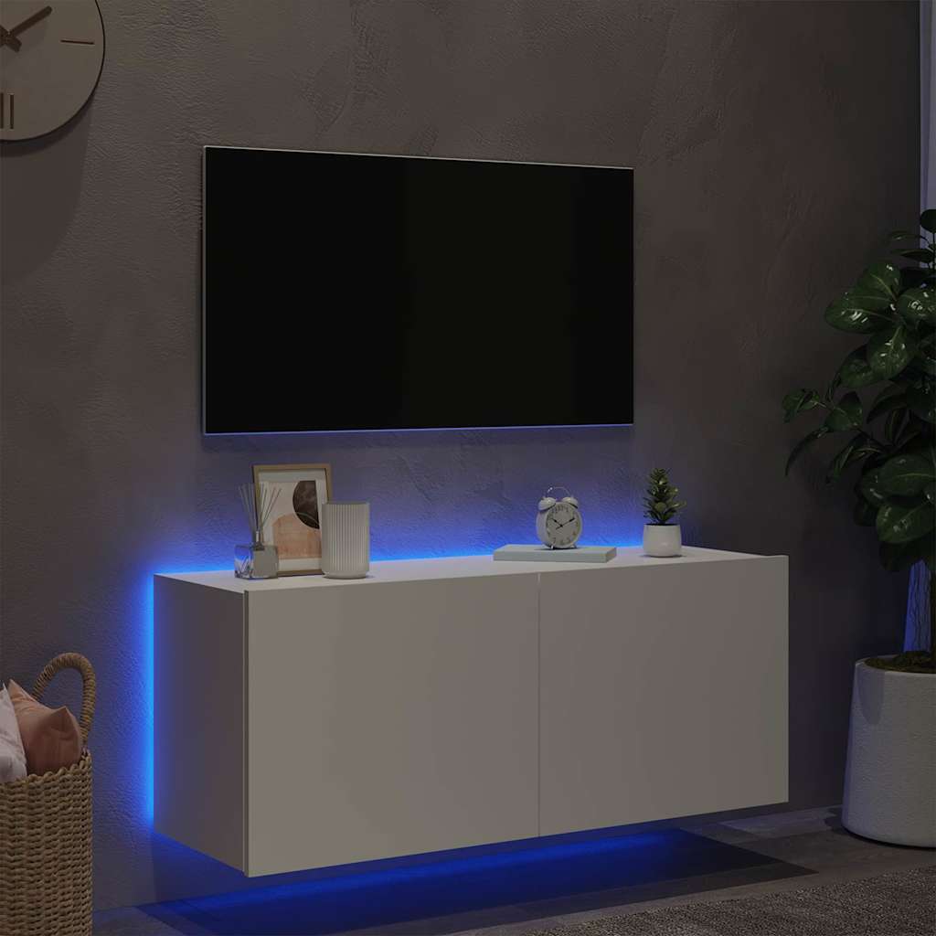 væghængt tv-bord med LED-lys 100x35x41 hvid