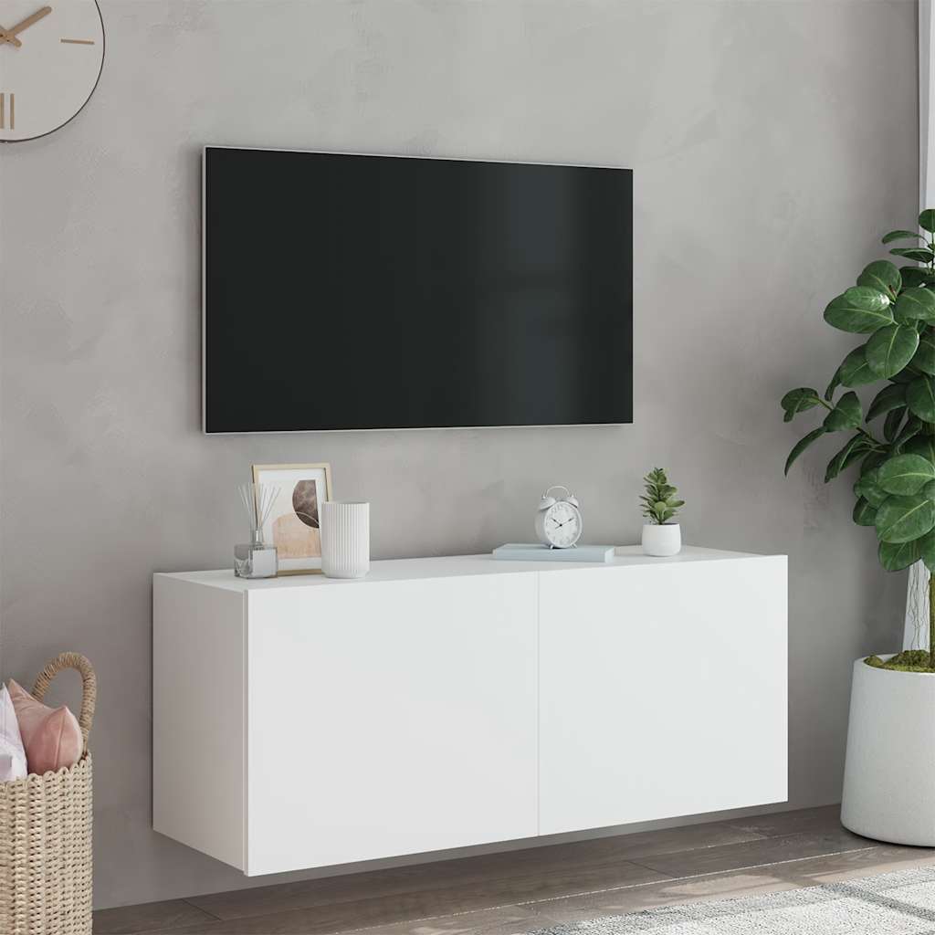 væghængt tv-bord med LED-lys 100x35x41 hvid
