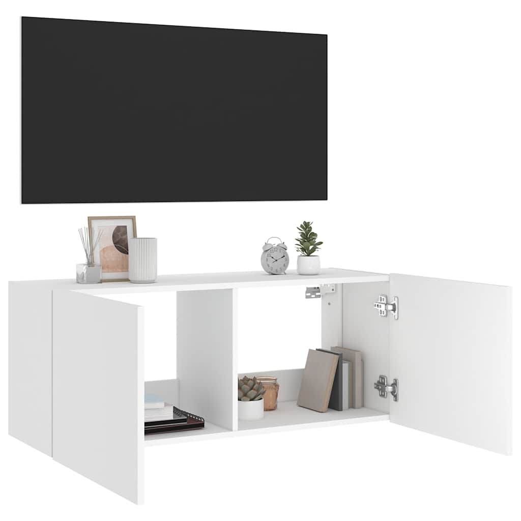 væghængt tv-bord med LED-lys 100x35x41 hvid