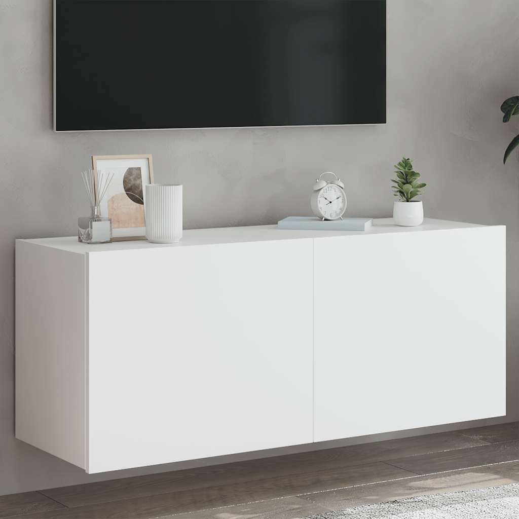 væghængt tv-bord med LED-lys 100x35x41 hvid