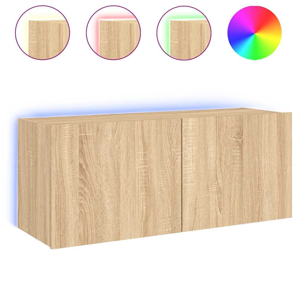 væghængt tv-bord med LED-lys 100x35x41 cm sonoma-eg