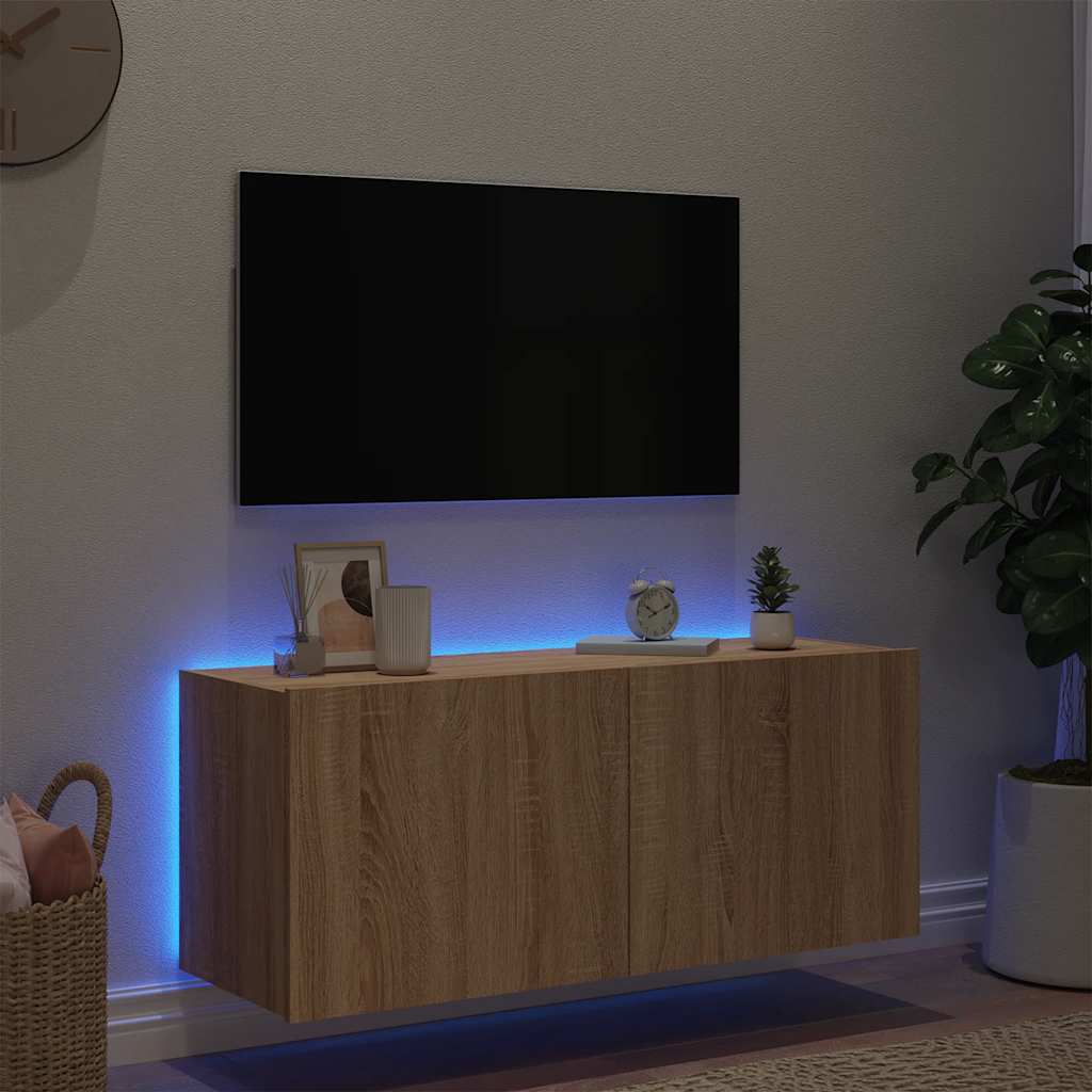 væghængt tv-bord med LED-lys 100x35x41 cm sonoma-eg