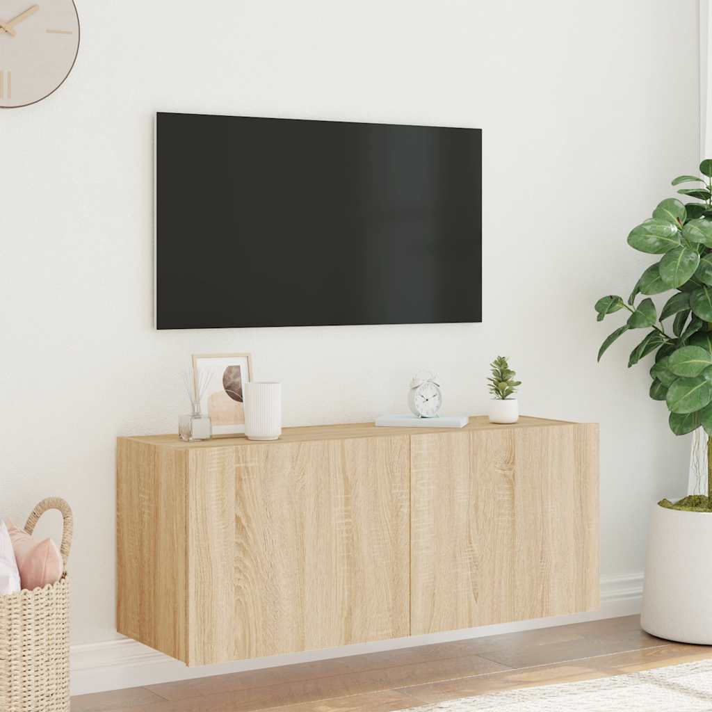 væghængt tv-bord med LED-lys 100x35x41 cm sonoma-eg