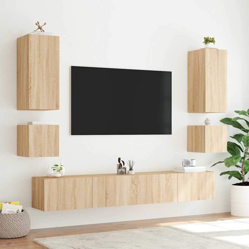væghængt tv-bord med LED-lys 100x35x41 cm sonoma-eg