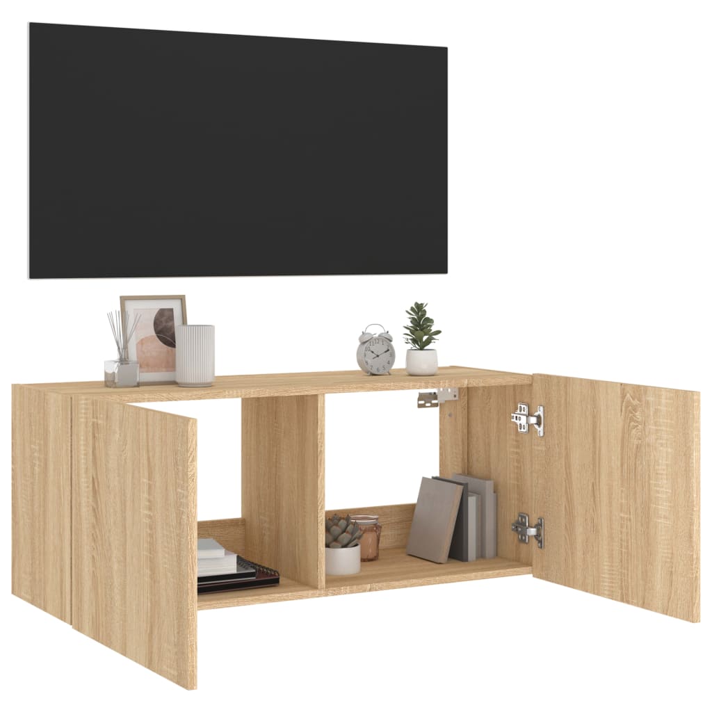 væghængt tv-bord med LED-lys 100x35x41 cm sonoma-eg