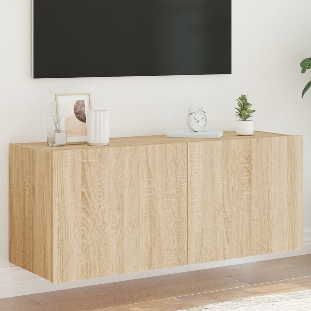 væghængt tv-bord med LED-lys 100x35x41 cm sonoma-eg