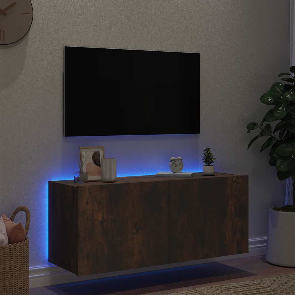 væghængt tv-bord med LED-lys 100x35x41 cm røget egetræsfarve