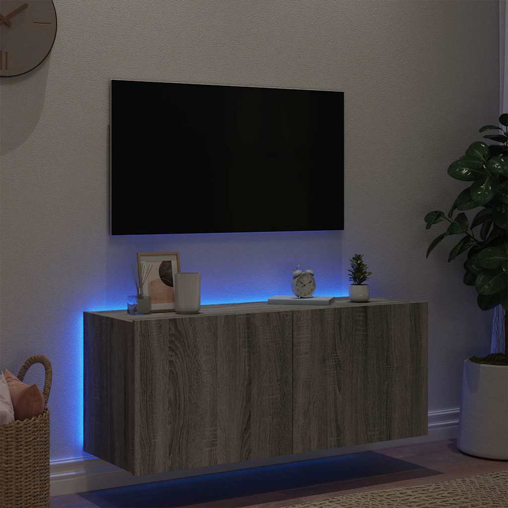 væghængt tv-bord m. LED-lys 100x35x41 cm grå sonoma-eg