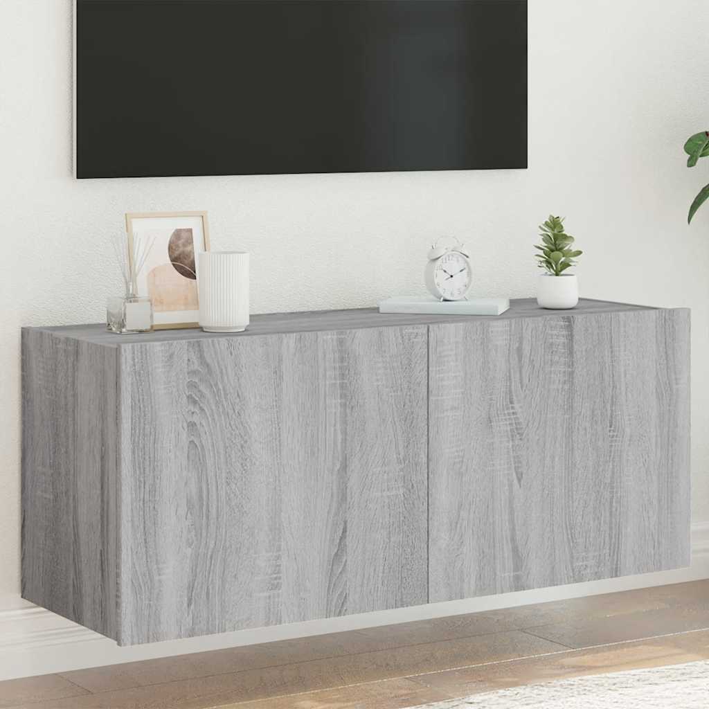 væghængt tv-bord m. LED-lys 100x35x41 cm grå sonoma-eg