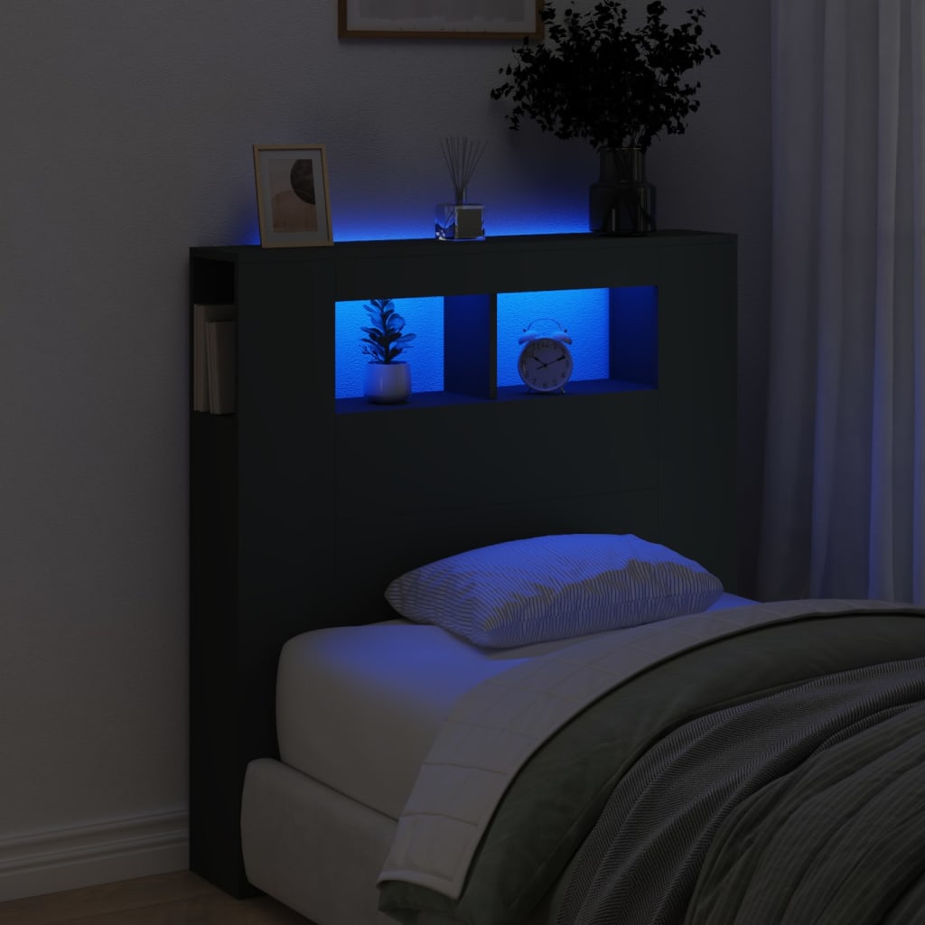 sengegavl med LED-lys 100x18,5x103,5 cm konstrueret træ sort