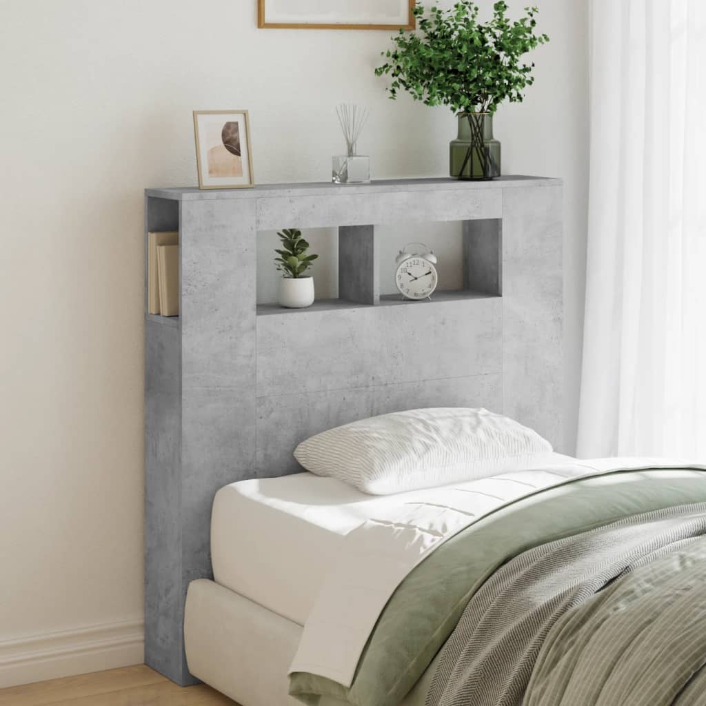 sengegavl m. LED-lys 100x18,5x103,5 cm konstrueret træ betongrå