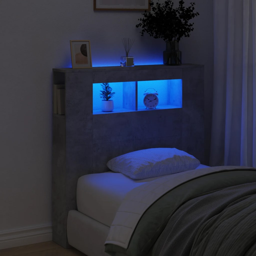 sengegavl m. LED-lys 100x18,5x103,5 cm konstrueret træ betongrå